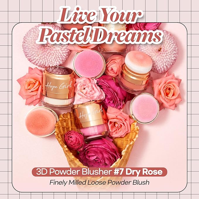 Hope Girl 3D Powder Blusher 0.17oz | Skin-Loving Korean Mini Blush for Cheeks and Eye Makeup w/Allantoin | K Beauty Cool Toned Vibrant Sunkissed Fine Powder Makeup Blush Cosmetics (#07 Dry Rose)