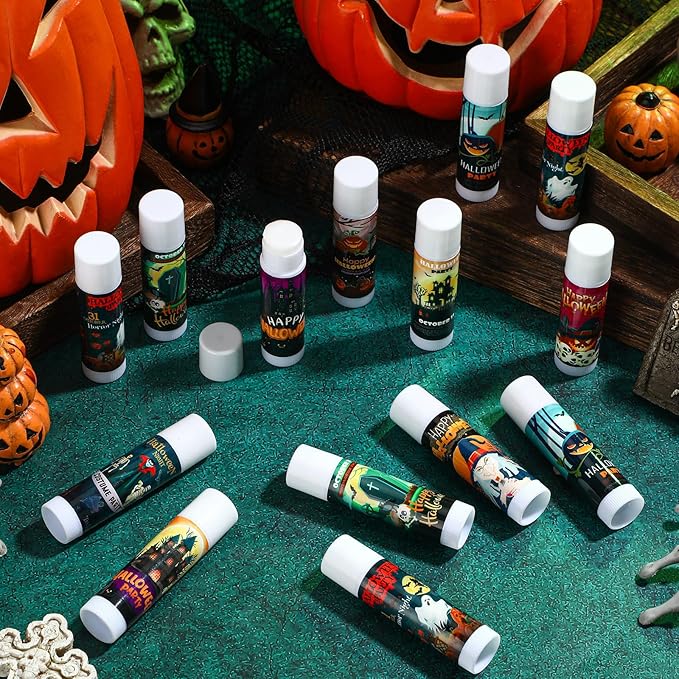 Dunzy 50 Pcs Halloween Lip Balm Bulk Spooky Lip Balm Gifts Bulk Vintage Halloween Wedding Favors Halloween Stuffers for Adults Halloween Party Supplies for Baby Shower, 10 Style, 5 Fruit Flavors