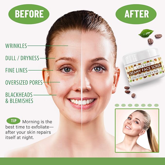 LILY SADO LILY SADO Cocoa & Coffee Creamy Face Scrub - Best Exfoliating VEGAN Facial Cleanser for Women & Men - Natural Face Wash Exfoliates & Energizes Skin, Treats Acne & Reduces Pore Size - 4 oz