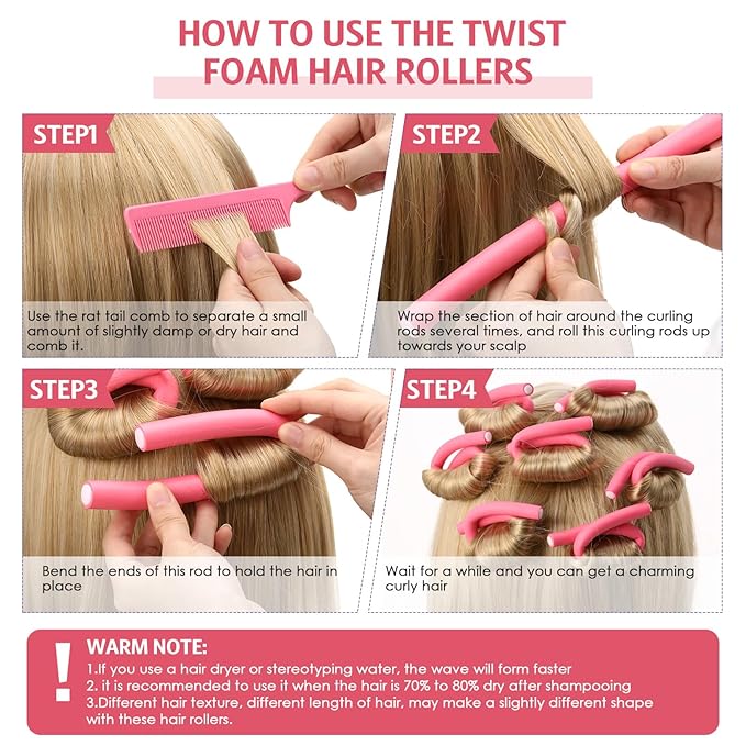 Syhood 30 Pcs 7'' Flexible Curling Rods Twist Foam Hair Rollers Soft Foam No Heat Hair Rods Rollers and 1 Steel Pintail Comb Rat Tail Comb for Women Long Short Hair(Pink,7 x 0.55 Inch)