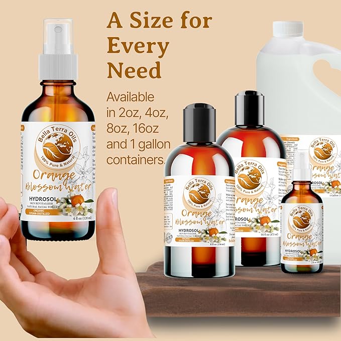 Bella Terra Oils - Organic Neroli Water 4oz - Naturally Distilled Orange Blossom Mist for a Refreshing Glow