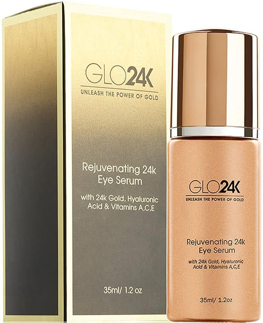 GLO24K Eye Serum with 24k Gold, Hyaluronic Acid, and Vitamins A,C,E. Potent Formula for the delicate skin around the eyes.