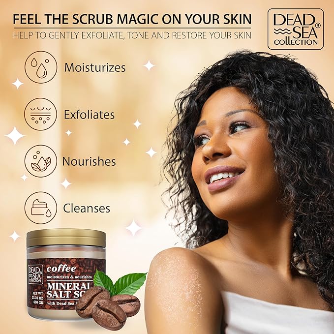 Dead Sea Collection Coffee Scented Salt Body Scrub - Large 23.28 OZ - with Pure Oils and Dead Sea Minerals