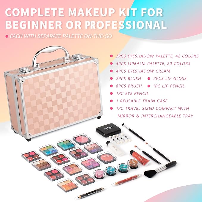 Hot Sugar Makeup Kit for Teenager Girls - Full Starter Cosmetics Set with Eye Shadow Lip Balm Blush Lip Gloss Brush Lip Pencil Eye Pencil and Mirror (Gold Check)