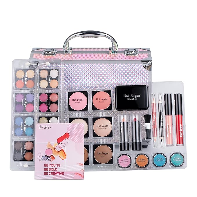 Hot Sugar Makeup Kit for Women Full Kit Teen Girls Starter Cosmetic Gift Set with Cute Mermaid Train Case Includes Pigmented Eyeshadow Palette Blush Lipstick Lip Pencil