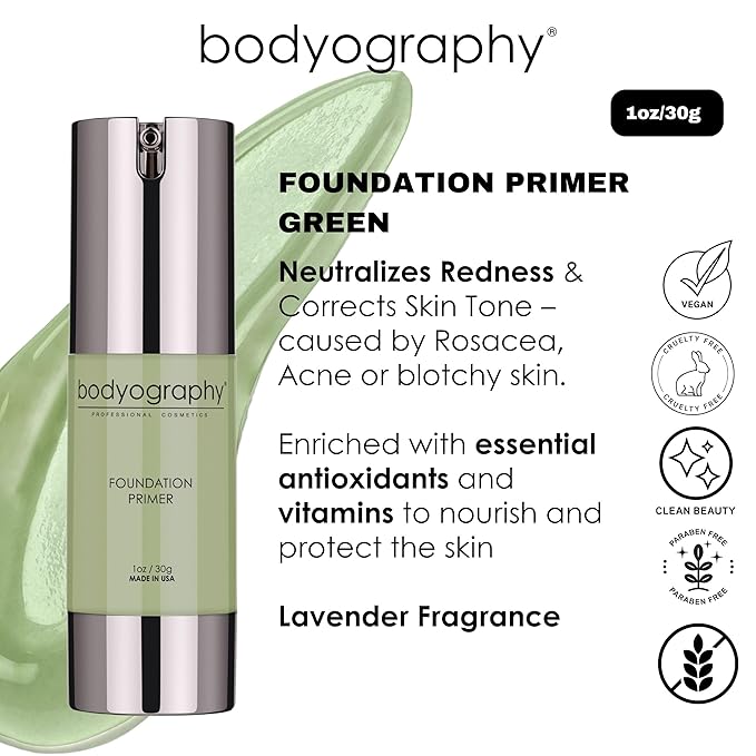 BODYOGRAPHY - Foundation Primer (Green): Flawless Anti-Aging Salon Makeup Primer w/Vitamin E, A, Jojoba, Grapeseed Oil | Control Shine | Gluten-Free, Cruelty-Free, 1 oz.