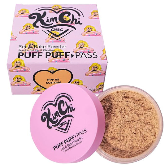 Kimchi Chic Beauty Puff Puff Pass Set and Bake Powder, Loose Face Powder with Extra Fluffy Setting Powder Puff, Soft Tan Face Makeup for Uneven Skin Tone, 05 Suntan