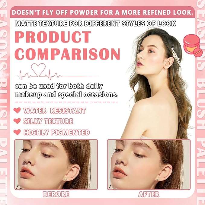 4 Colors Blush Palette for Cheeks,Face Matte Contour Blush Makeup Palette,Buildable Shimmer Facial Cheek Blusher Shades,Blendable Cosmetic Makeup Blush with Blush Brush 03