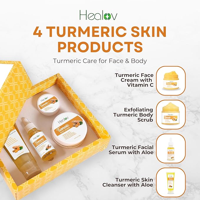 Turmeric Skincare Set - Turmeric Skin Care Products Brightening & Acne - Turmeric Skin Care Kit, Turmeric Skin Care Set - Turmeric Cleanser, Body Scrub, Face Cream & Facial Serum