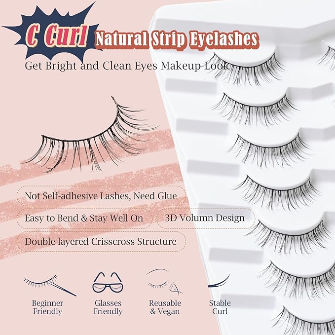 Lashes Short Eyelashes 10MM Natural Lashes Wispy Thin Band Strip Lashes Short Eyelashes Natural Look 3D Volume Lashes 7 Pair Fake Lashes Siligli