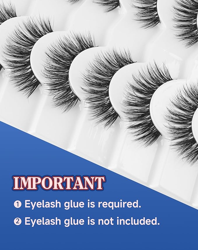 Lashes Volume False Eyelashes Wispy Natural Look Everyday Flared Strip EyeLash Fluffy Lash Long Soft Round-Eye Pack 16MM 7 Pairs D89