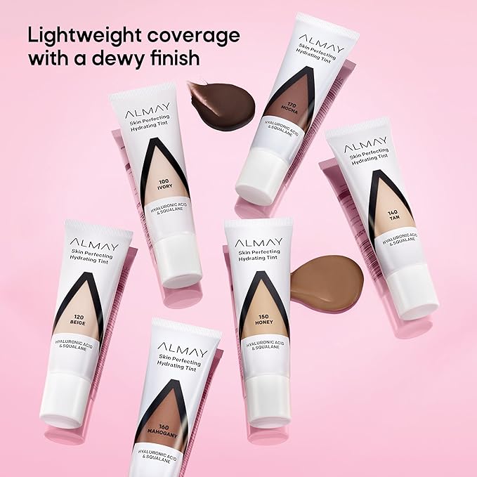 Almay Hydrating Liquid Foundation Tint, Lightweight with Light Coverage, Naturally Dewy Finish, Hypoallergenic, Dermatologist TestedFragrance Free, 170 Mocha, 0.94 fl oz.