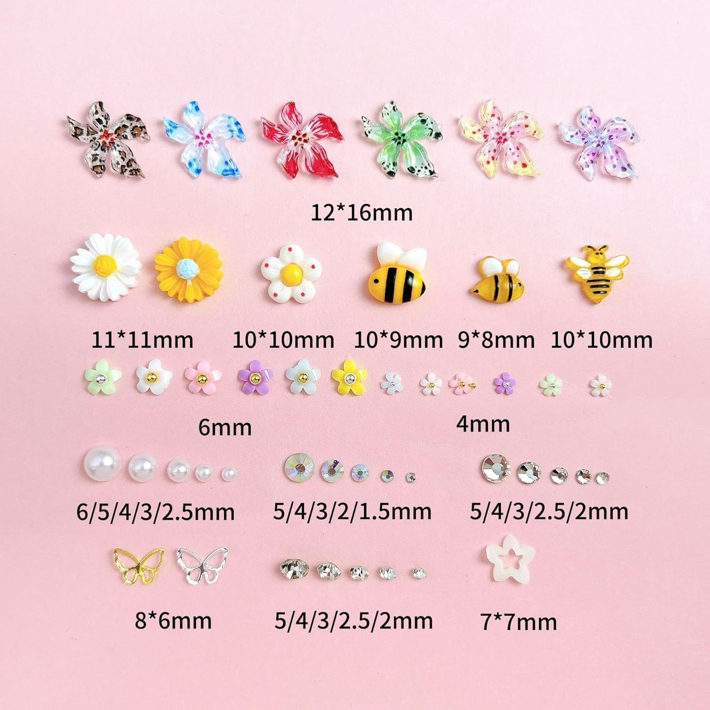 Flowers Nail Charms and Gems, Cute 3D Bee Daisy Hawaii Flowers Nail Art Charms for Acrylic Nails, Gold Silver Butterfly Nail Rhinestone and Charms,White Flatback Pearl Nail Charms Manicure DIY Crafts