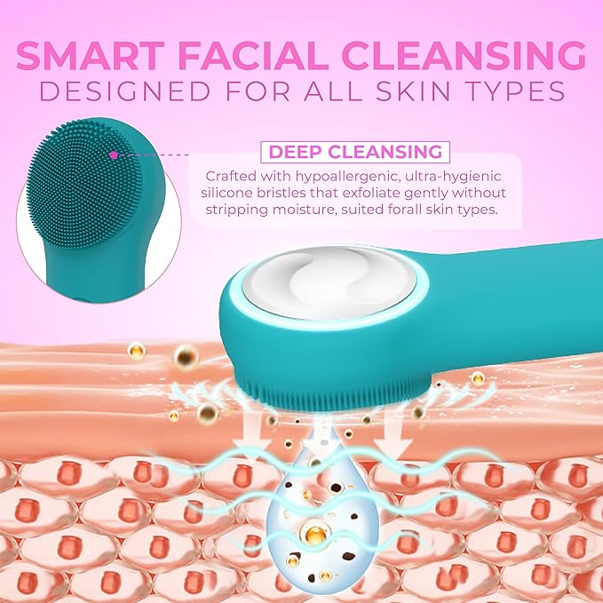 Electric Silicone Face Scrubber - 2-in-1 Facial Rotating Vibrating Exfoliating Brush - Waterproof & Portable, Rechargeable, for Cleaning, Exfoliation, Massage, Suitable for Men & Women (Green)