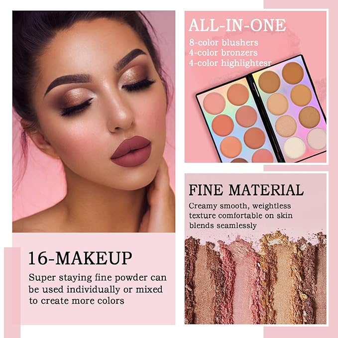 Coosa Blush Palette, Highlighter Contour Makeup Palette, Blush for Cheeks, All-In-One Bronzer Bright Shimmer Cosmetics Sets for Eyes, Lips & Cheeks