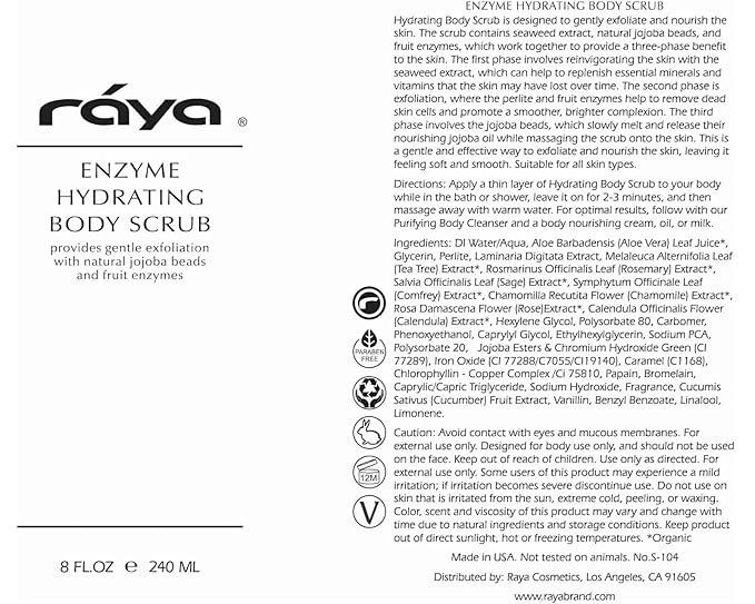 RAYA Enzyme Hydrating Body Scrub 16 oz Orange Vanilla Scent (S-104) | Gentle and Exfoliating Body Scrub | Made with Seaweed, Jojoba Beads, and Fruit Enzymes