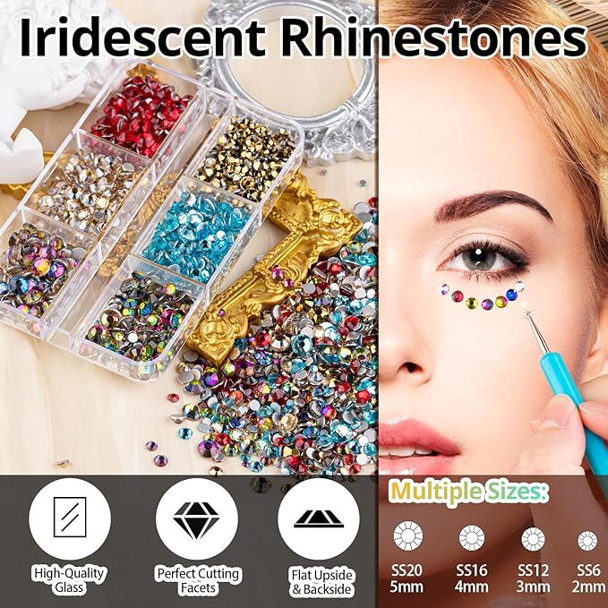 Colorful Face Gems for Makeup Set, Flatback Gorgeous Charming Mixed-Colored Chameleon Crystals with Makeup Glue+Picker Pencil+Tweezer+Dual-End Dotting Tool for Eye Body Hair Make-up and Nail Art Deco