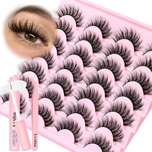 Losha Lashes Wispy False Eyelashes Natural Cat Eye Lashes Kit with Lash Glue and Lash Tweezers 14 Pairs Short Fake Eyelashes Soft Thin Faux Mink Lashes Pack (Lighter)