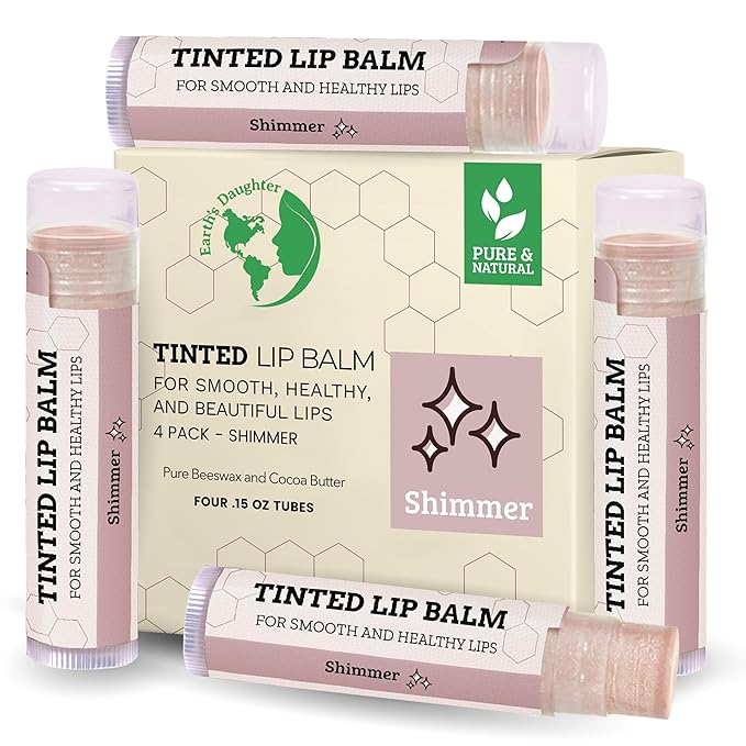 Tinted Lip Balm by Earth’s Daughter – 4 Pack of Shimmer Tint – Beeswax, Coconut Oil, Cocoa Butter, Vitamin E – Moisturize and Beautify – Paraben Free
