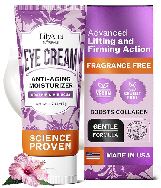 LilyAna Naturals Eye Cream for Dark Circles and Puffiness, Under Eye Cream for Wrinkles and Bags, Anti Aging - helps Improve Dryness; for Sensitive Skin - 1.7 oz - Made in USA