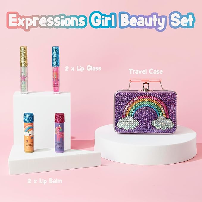 Expressions 5pc Rainbow Rhinestones Cosmetics Lip Kit For Kids w/Lip Glosses, Lip Balms & Tin Box Storage Case Magical Lip Set,Washable + Non Toxic