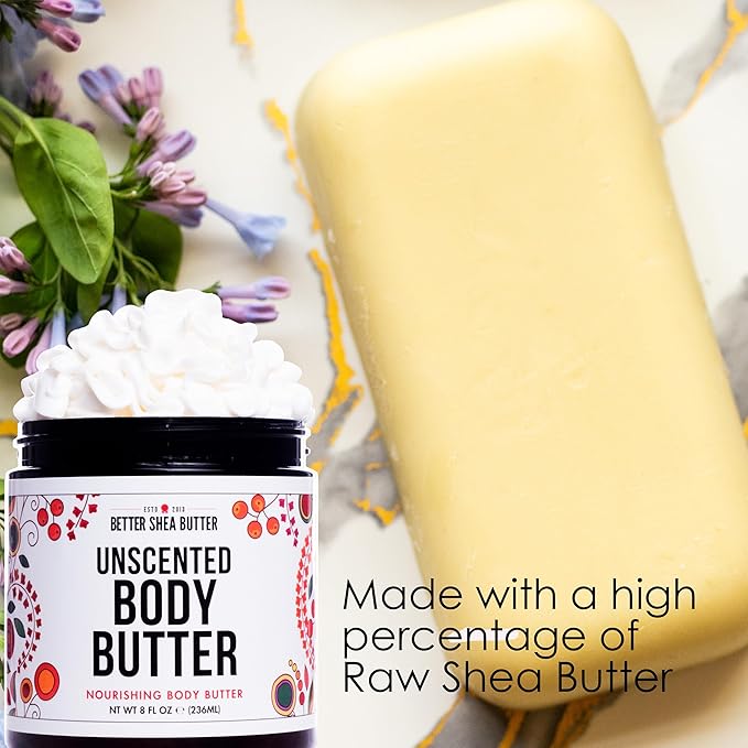 Unscented Body Butter for Dry Skin | with Raw Shea Butter and Jojoba Oil | Deep Moisturizer Safe for Sensitive Skin, Non Greasy, Fragrance Free | 8 oz