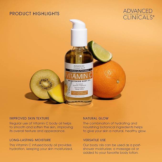 Advanced Clinicals Vitamin C illuminating Body Oil For Women & Men |Vitamin C Oil Skin Care Body Moisturizer With Vitamin E + Botanicals To Help Improve Appearance Of Dark Spots + Dry Skin, 3.8 Fl Oz