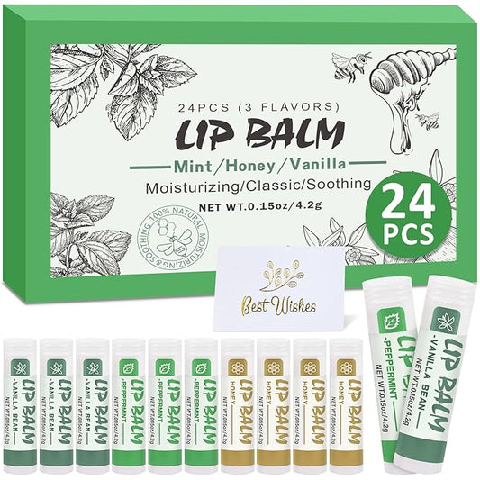 24 Pack Lip Balm Bulk, Vanilla Mint Honey, 100% Natural Lip Balm with Vitamin E and Coconut Oil, Moisturizing Lip Balm for Dry Lips