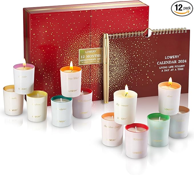 Womens Gifts, Candle Gifts for Women with 2024 Wall Calendar, 12 Unique Scented Aromatherapy Soy Candles & Gold Pen, 12 Month Advent Calendar, Home Candle Birthday Gift Set for Women & Men