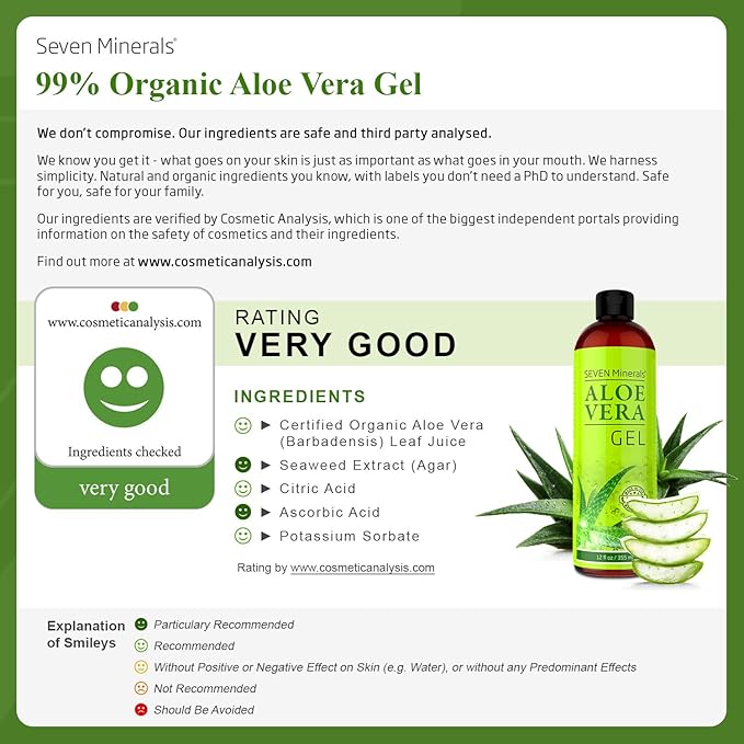 Seven Minerals, Travel Size Organic Aloe Vera Gel from freshly cut 100% Pure Aloe - 2 Fl Oz - HighestQuality, Texas grown, Vegan, Unscented - For Face, Skin, Hair, Sunburn relief (2 Fl Oz)