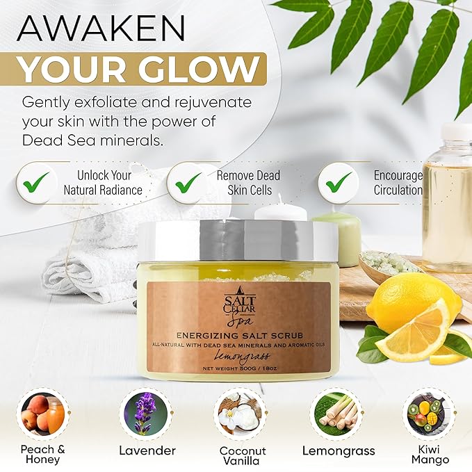 Salt Cellar Spa Lavender Salt Scrub - Elevate Your Self-Care with Dead Sea Minerals - Relax, Revive, and Rejuvenate your Skin - Made in Israel, Cruelty-Free, 18 oz.