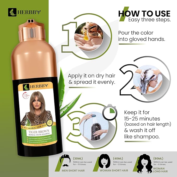 Hair Color Shampoo for Gray Hair Coverage&Color Transform with 9 Herbal Extracts –Long Lasting(6-8 Weeks),Shiny,Evenly Colored,Instant Hair Dye Shampoo&Conditioner, 500 Ml (TIGER BROWN COLOR)