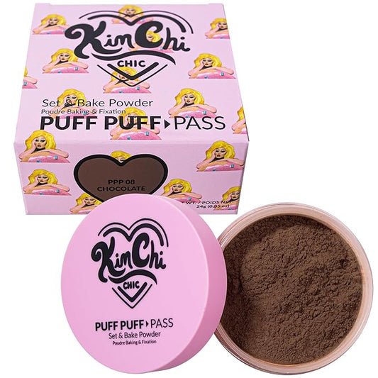 Kimchi Chic Beauty Puff Puff Pass Set and Bake Powder, Loose Face Powder with Extra Fluffy Setting Powder Puff, Soft Brown Face Makeup for Uneven Skin Tone, 08 Chocolate