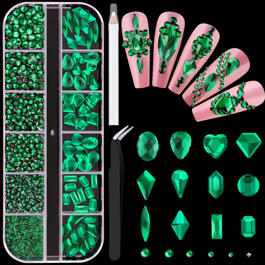 2060Pcs Emerald Green Glass Nail Rhinestones 60Pcs Multi Shapes Flatback Nail Gems + 2000Pcs 1.5-4mm Round Crystal, Manicure Nail Charms Diamond Gemstones for Acrylic Nails Decoration