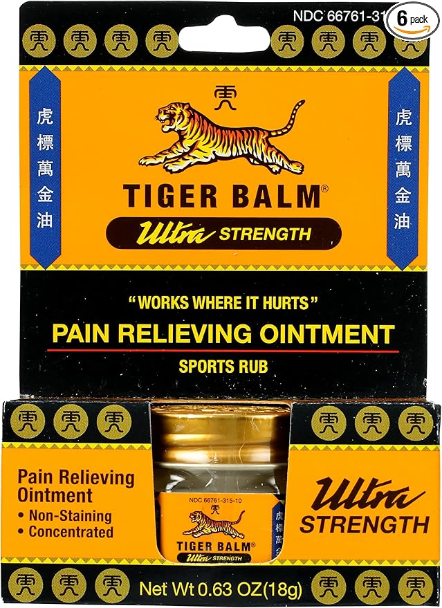 Tiger Balm Ultra Strength Rub Balm, Alcohol Free, Cruelty Free, 0.63 Ounce (Pack of 6)