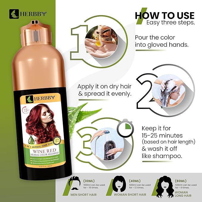 Hair Color Shampoo for Gray Hair Coverage&Color Transform with 9 Herbal Extracts –Long Lasting(6-8 Weeks),Shiny,Evenly Colored,Instant Hair Dye Shampoo&Conditioner, 500 Ml (WINE RED COLOR)