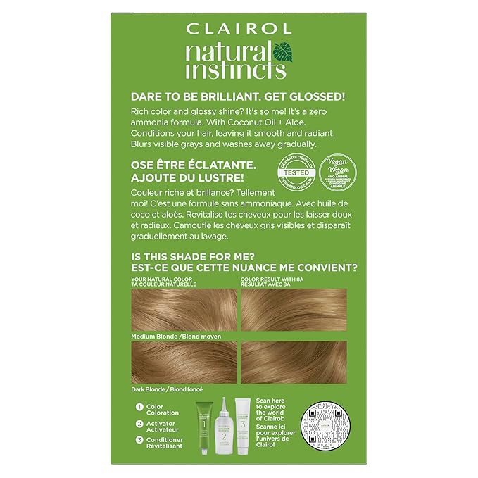 Clairol Natural Instincts Demi-Permanent Hair Dye, 8A Medium Cool Blonde Hair Color, Pack of 3