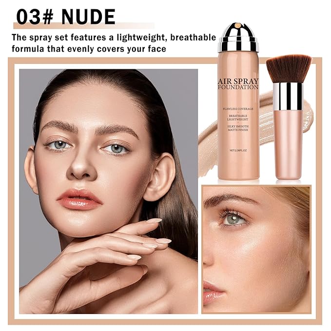 NVLEPTAP Airbrush Foundation Makeup Spray Silky Lightweight Full Coverage Foundation Face Air Cushion Foundation Set with Soft Makeup Brush - 03 Nude