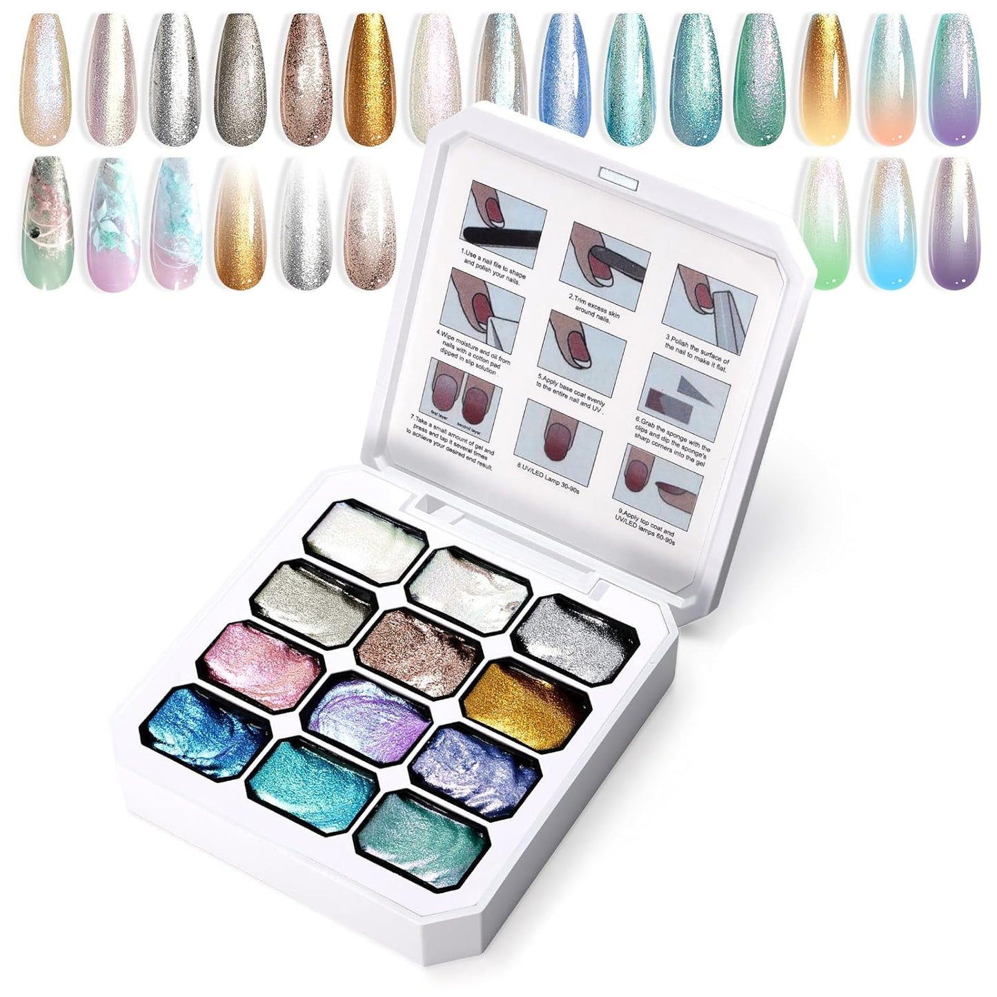Gradient Painting Gel, 12 Gliter Colors Ombre Gel Nail Polish for Pigment Pat Silver&Gold Pink Blue Aurora color Bright Nails, French Manicure DIY Nail Art No-wipe Palette for Women
