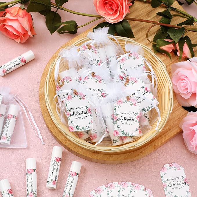 Dunzy 50 Pack Bridal Shower Favors Gifts Bulk Lip Balms Peony Wedding Favors Bachelorette Baby Shower Favor Prizes Souvenirs Thank You Appreciation Gifts for Guests Women Coworker Staff