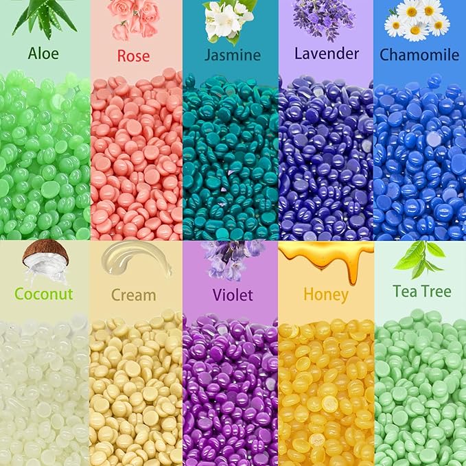 Hard Wax Beads, 2.2lb Wax Beans for Hair Removal, 10 Packs Multi Color Waxing Beads for Full Body, Face, Brazilian Bikini, Legs and Sensitive Skin at Home, Wax Refill for Women Men