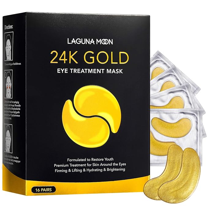24K Gold Eye Mask, Anti-Aging Hydrolyzed Collagen and Hyaluronic Acid Under Eye Patches for Puffy Eyes & Bags, Dark Circles and Wrinkles, 16 pairs
