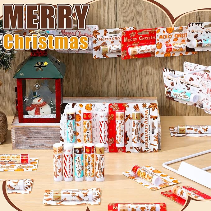 25 Pcs Christmas Lip Balms Stocking Goodie Bags Stuffers Bulk Xmas Gifts Candy Hot Cocoa Cookie Cinnamon Gingebread Biscuits Flavor 5 Style Holiday Treat Small Gifts Party Supplies