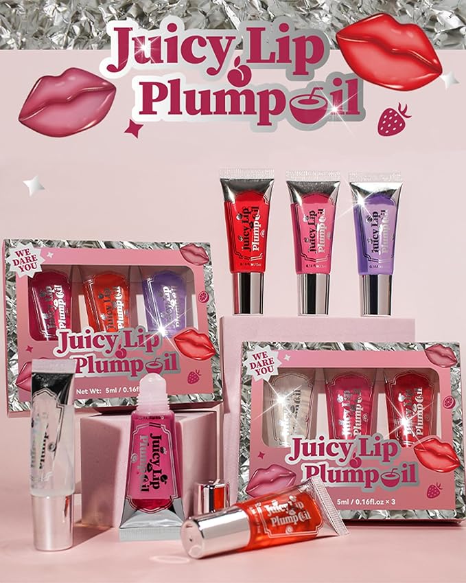 Plumping Lip Oil Kit-3Pcs Hydrating Glossier Tinted Lip Gloss,Long Lasting Lip Plumper and Pout Booster LIpgloss, Moisturizing Non-Sticky Natural Fuller Lip Tint Stain, Makeup Gift for Women-Set B