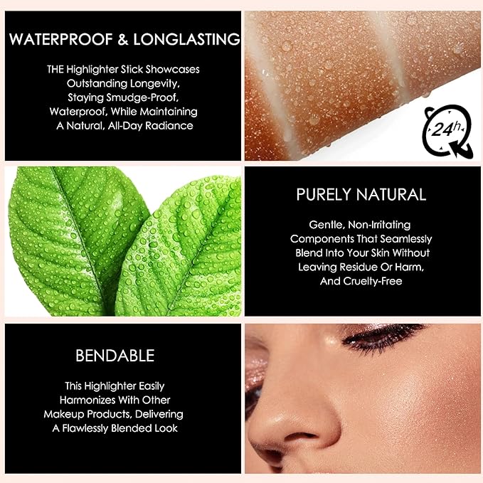 Highlighter Makeup Stick - Blush Highlighters Makeup Stick for Face & Body, Natural Silky Shimmer Highlight, Bendable Long Lasting Highlighter Wand, Cream Korean Highlighter (Rose Gold)