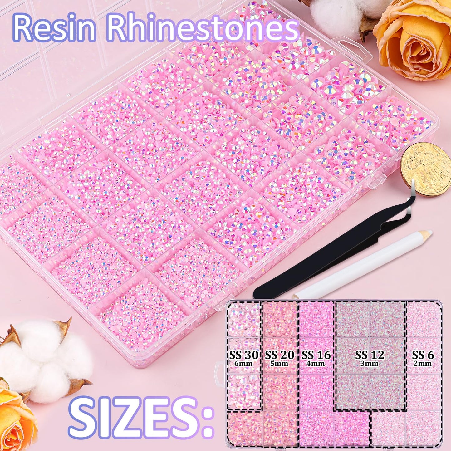 30000Pcs Resin Jelly Rhinestones with Tweezers for Crafting, Light Pink AB Flatback Gems, Bedazzling Crystal with 3Pcs 10ml B7000 Jewelry Glue for DIY Crafts Clothing Tumblers Shoes Fabric Nail Art