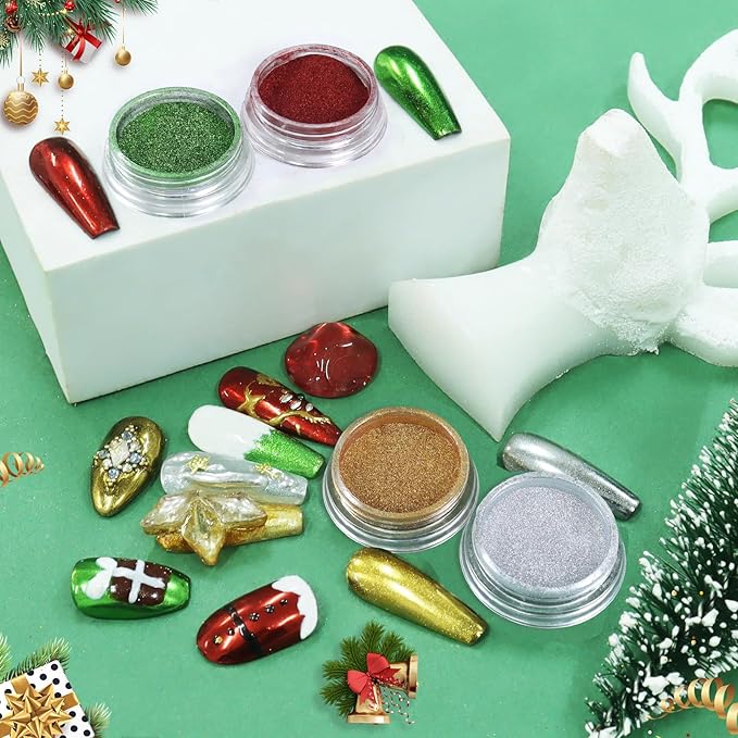 Allstarry Chrome Nail Powder 4 Colors Metallic Mirror Effect Pigment Chrome Iridescent Nail Glitter Magic Unicorn Glitter Dust Kit for Gel Polish Nail Art Decoration Resin Craft, Festivals