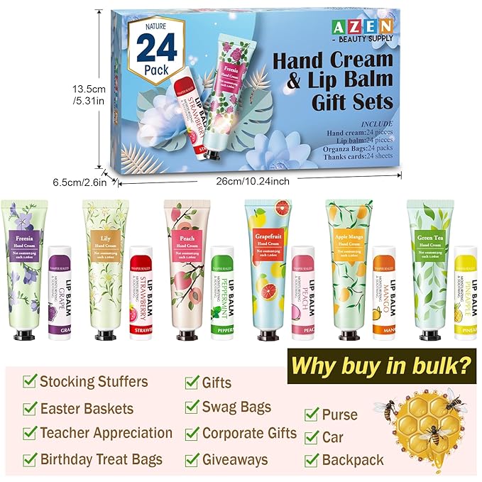 AZEN 24 Sets Hand Cream Bulk and Lip Balm Bulk Set, Bridal Shower Gifts for Guests, Thank You Gifts for Coworkers Women Men with Organza Bag Thank You Card, Bridal Wedding Favors for Guests