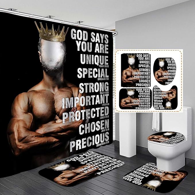 4PCS African American Shower Curtain Set, Black Shower Curtain, Black King Afro Black Man Bathroom Decor, Non-Slip Bath Mat, Positive Motivational Inspirational Gifts for Men, Man Cave Decor