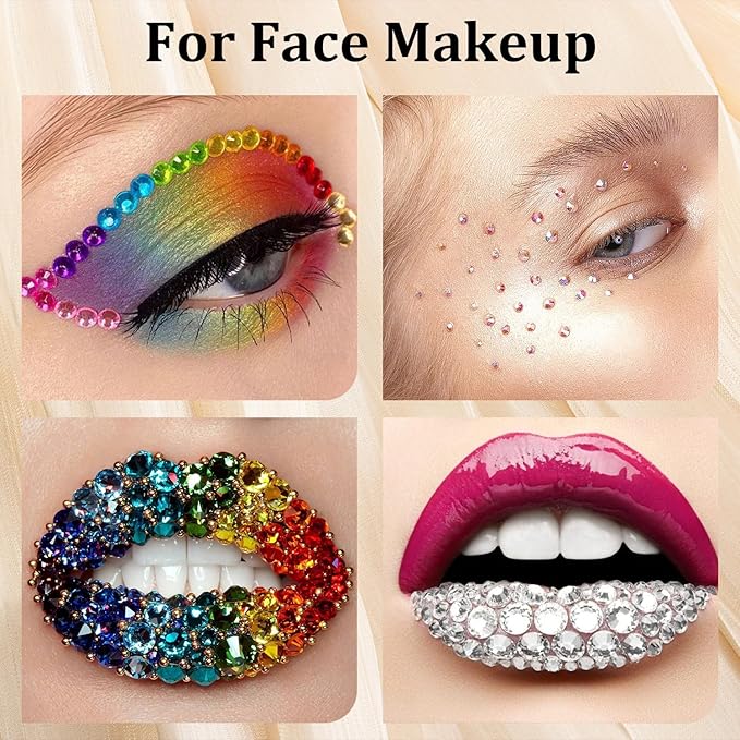 Colorful Face Gems for Makeup Set, Flatback Gorgeous Glass AB Gems+Mixed-Colored Crystals with Picker Pencil, Makeup Glue, Dual-End Dotting Tool, Tweezer for Eye Body Hair Make-up and Nail Art Deco
